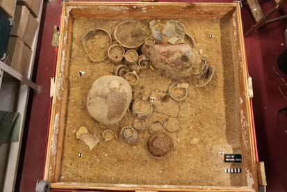 Das Urnengrab während der Freilegung im Landesamt für Archäologie in Dresden