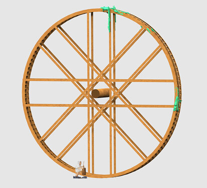 Das Kehrrad hatte gewaltige Dimensionen und stellte eine herausragende Ingenieursleistung dar. Rekonstruktionsversuch anhand der erhaltenen und mittels SFM (Structure from Motion) dokumentierten Fragmente des Kehrrades (grün markiert).