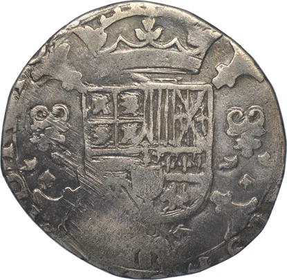 Die Rückseite zeigt die spanische Krone über dem Wappen der Niederlande.