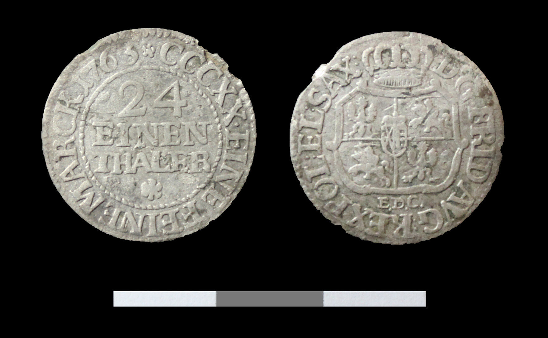 „24 Einen Thaler“ von 1763 aus Silber der Sachsen-Albertinischen Linie unter Friedrich August II geprägt