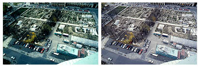 Ein publikationsreif aufbereitetes Luftbild (rechts) der Grabungen auf dem Altmarkt in Dresden. Links: die Bildvorlage