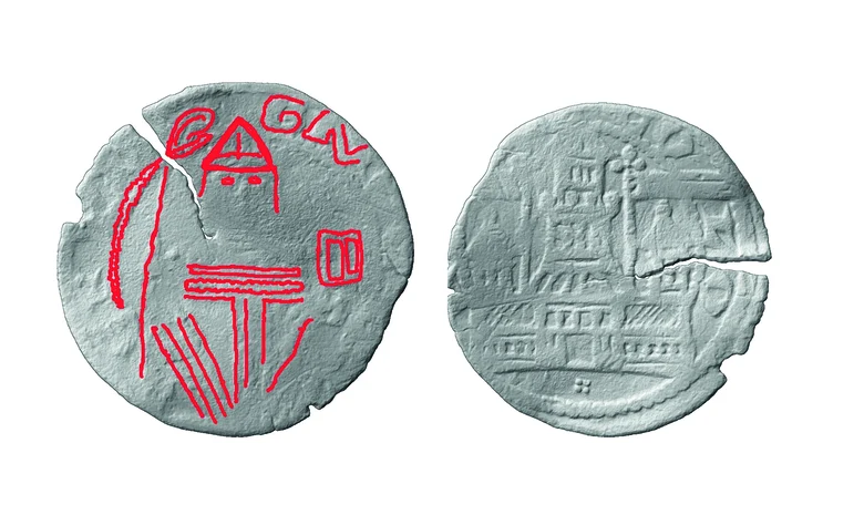 3-D Scan der Vorder- und Rückseite der Münze, mit einer Nachzeichnung der Bischofsdarstellung