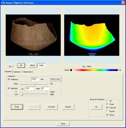 - Aufnahme der Fundobjekte mithilfe der Software Polygon Editing Tool (Konica Minolta) zur Steuerung des Scanners. - Einsatz des Drehtellers zur automatisierten Aufnahme des gesamten Objektes.