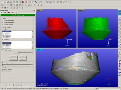 Geomagic Studio 9 (Geomagic GmbH): Verarbeitung der erfassten Scans zu einen Objektmodell. Schritte: Fehlstellenkorrektur, Registrierung, Integrierung,Farbwertkorrektur