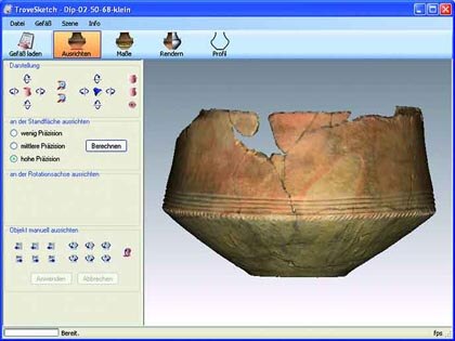 TroveSketch (TU Chemnitz, Professur GDV): publikationsreife, d.h. farbige oder stilisierte Darstellung der Fundobjekte, Profilgenerierung, Abwicklung der Gefäßoberfläche, maßstäblicher Export in grafische Dateiformate.