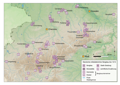 Standorte mittelalterlichen Bergbaus bis 1410.