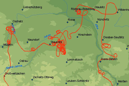 Ausschnitt aus dem Flugtrack vom 09.06.2008 zwischen Meißen und Döbeln in Mittelsachsen.