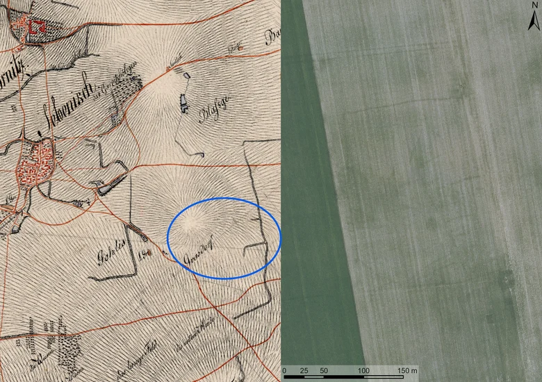 Spuren der Wüstung Grasdorf aus der Luft und auf dem Meilenblatt von 1806